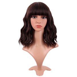MapofBeauty 14 Inch/35 cm Short Wavy Curly Women Fresh Bright Synthetic Ordinary Flat Bangs Bob Wig (Dark Brown)