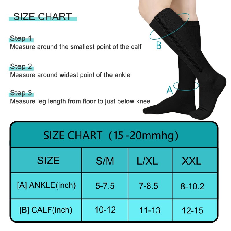Athbavib 3 Pairs Zipper Compression Socks, 15-20 mmHg Closed Toe