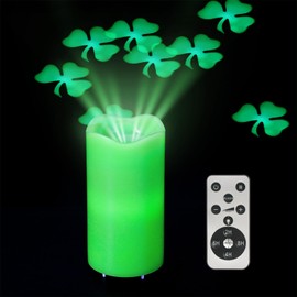 XingsLight St Patricks Day Decorations Flameless Candles with Lucky Clover Projector, Green LED Candle with Remote and Timer