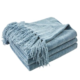 CozeCube Chenille Throw Blanket for Couch, Cozy Plush Fuzzy Decorative Dusty Blue Blanket with Fringe Tassels, Lightweight Throws for Bed Sofa Gift Home Decor, 50"X60"