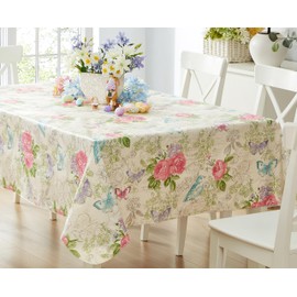 Newbridge Easter Victoria Pastel Rose Floral 60 x 84 Inch Rectangle Vinyl Flannel Backed Tablecloth, Roses and Butterfly French Country Print Vinyl Tablecloth with Flannel Backing, Dining Party