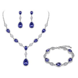 Clearine Jewellery Set Zirconia Gemstone Diamante Teardrop Wedding Bridal Costume Statement Y Necklace Earrings Tennis Bracelet Set for Women Amethyst Purple Silver Tone, Alloy Steel Alloy steel