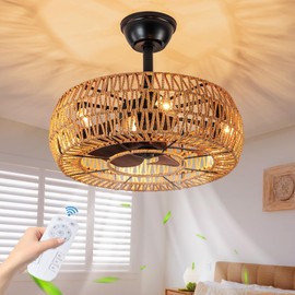 20" Boho Ceiling Fans with Lights and Remote Control,Rattan Caged Fandelier Fan Lighting,6-speed Low Profile Ceiling Fan,Quiet Flush Mount Ceiling Fan with Light for Bedroom,Kitchen,Dining,Nursery
