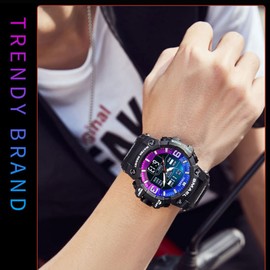 findtime Men's Sports Watch Analogue Digital Watch Sports Digital Watches Military Watch Outdoor Men 5ATM Waterproof Men's Watches with LED Alarm Clock Date Stopwatch 12/24H Large Dial, purple, Strap.