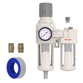 AIRZOE 3/4" NPT Compressed Air Filter Regulator Lubricator Combo, Air Compressor Water Separator AC4010-06,5 Micron Brass Element Semi-Auto Drain,0-145 psi Gauge