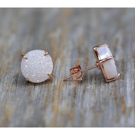 White Druzy Gemstone Rose Gold Prong Stud Earrings- Real Druzy-10mm- Statement Earring- Holiday Christmas Gift Idea (White Druzy, Rose Gold)