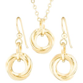 Classy 14K Yellow Gold-Filled Simple Circle Love Knot Jewelry Gift Set Idea for Minimalist Women with Dangle Earrings and 20 Inch Pendant Necklace on Chain (French Wire)