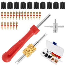 33Pcs Tire Valve Stem Puller Tools Set - with Tyre Valve Caps Snap-in Valve Stems, Valve Cores, & Single Head Valve Core Remover, 4-Way Valve Tool for Car Vehicle Motorcycle Truck Bicycle