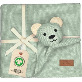 DIKOS® Original Baby Blanket Cuddly Bear Mint 100% GOTS Organic Cotton Newborn Blanket with Cuddly Toy Cuddly Blanket Knitted Blanket First Equipment Baby Girl/Boy Gift for Birth