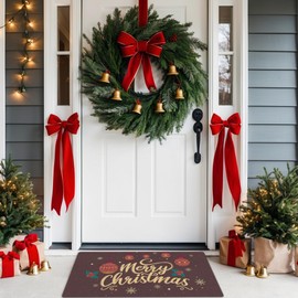 WUCHJ Merry Christmas Door Mat, Festive Christmas Ornaments Snowflakes Holly Doormat Outdoor Entrance Indoor Entryway, Vintage Xmas Welcome Mats for Bath Rugs Rubber Backing Non-Slip, 17x30 Inch