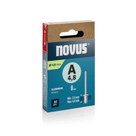 Novus Tools Aluminium Blind Rivets Diameter 4.8 mm, 8 mm Length, 30 Rivets, 2.5-4.0 mm Clamping Length, Ideal for Fixing Non-ferrous Metal, Plastic, Leather and Fabrics