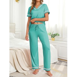Famulily Women Cute Pajamas Set Lace Patchwork Tops and Elastic Long Pants with Pockets Summer Pj Lounge Sets Green XXL