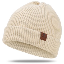 BARFULKER Beanie Hat Women Men Winter Warm Knitted Hat Winter Hats Thermal Running Hats Stretchy Soft Wool Hat with Cuffs and Thick Warm Lining Gift Unisex, White