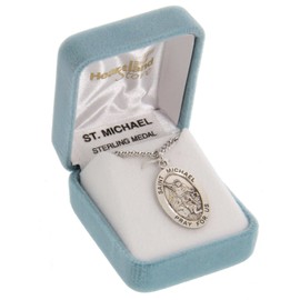 Heartland Store Men's Engravable Saint Michael Sterling Silver Oval Pendant + 24 Inch Rhodium Plate Chain & Clasp …| USA Made