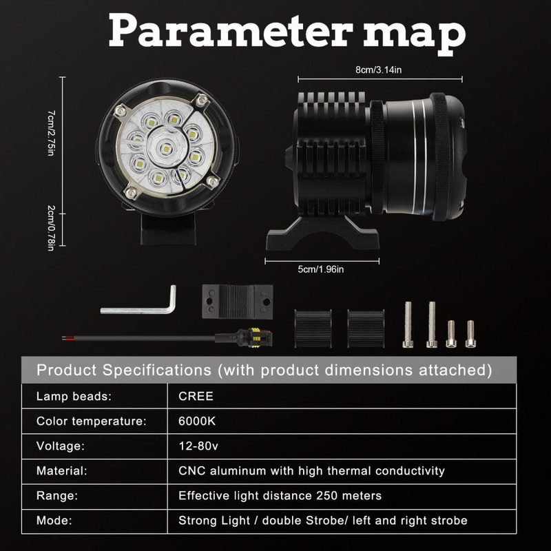 RATSTONE Additional Motorcycle Headlights, 2 Pieces LED Motorcycle Headlights, Motorcycle