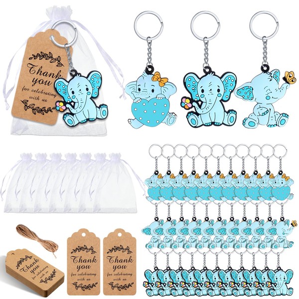 120 Pcs Blue Elephant Cute Baby Shower Favors Elephant Party Favors, Elephant Keychain with Organza Bags Thank You Kraft Tags and Rope for Guests Girls Boys Birthday Party Supplies Decorations