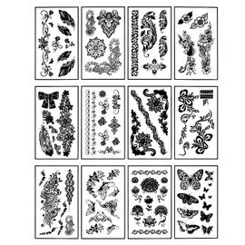 12 Sheets Temporary Self Adhesive Transfer Arabic Arabian Tattoo Tattoos Stickers Black Waterproof Sticker Islamic Muslim Islam Body Henna Word Ramadan Eid Stencils Stencil Temples Body Art Designs