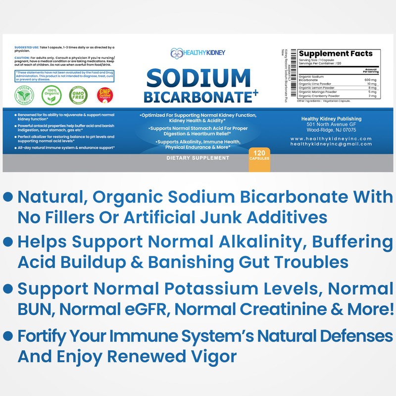 Organic Sodium Bicarbonate Alkaline Capsules - Boosts Kidney Health, Neutralizes