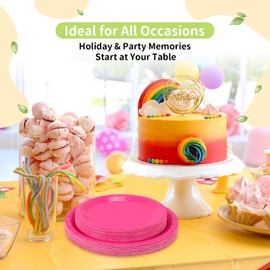 LANLISA - Juego de 50 platos desechables de papel rosa intenso, incluye 25-9 pulgadas y 25-7 pulgadas, platos de papel desechables para pasteles de postre para suministros de fiesta