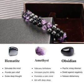 Triple Protection Bracelet for Women, Genuine Healing Crystal Bracelet Amethyst Black Obsidian Hematite 6mm, Pyramid Energy Crystal Beads Bracelet for Protection and Balance
