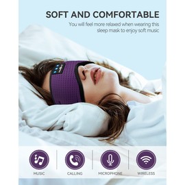 MUSICOZY Máscara de Dormir con Bluetooth 3D, inalámbrico, con Auriculares para Dormir de Lado, Viajes en Aire, meditación, Altavoces ultrafinos Integrados y Lavables (Soft Purple)