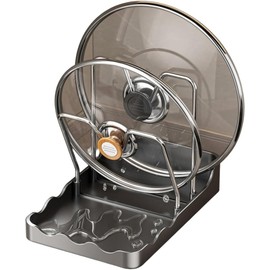 Organizador de tapa para ollas de cocina, polipropileno y acero inoxidable con soporte de cuchara integrado, espacios de trabajo de cocina ordenados, almacenamiento eficiente, para encimeras de cocina