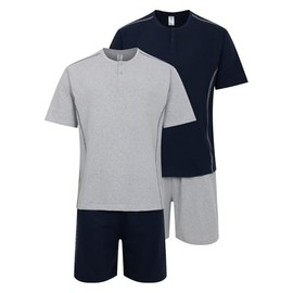 Mens 2 Pack Short Pyjamas Nightwear PJ Sets Twin Pack UK Sizes L XL XXL New (Gry/NVY XL)