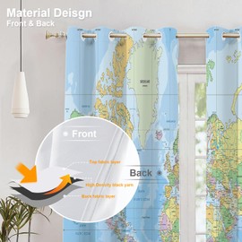 BaoNews Blue World Map Bedroom Curtains, Map of The World On Mercators Projection Blackout Polyester Grommet Window Treatment Drapes for Living Room, 2 Panels 52X84 Inches