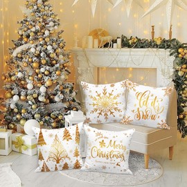 Ywlake Christmas Throw Pillow Covers 18x18 Set of 4, Merry Christmas Winter Xmas Snowflake Decorative Holiday Cushion Pillow Cases 18 x 18 for Outdoor Indoor Farmhouse Home Room Couch Decor (Gold)