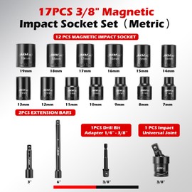 AKM TOOL 17PCS 3/8 Inch Drive Magnetic Impact Socket Set, Metric, 7mm-19mm, 6 Point, Cr-Mo, Square Drive, Magnetic Socket with Universal Joint, Drill Bit Adapter & Extension
