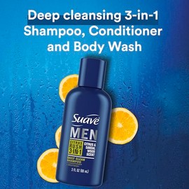 Suave Gel de baño 3 en 1 Citrus Rush para hombre, champú, acondicionador y jabón corporal de tamaño de viaje, fórmula todo en uno con queratina para u