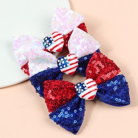 Nishine 4th of July Girls Bow Hairpins Patriotic American Flag Stars and Stripes Barrette Hair Clips for Independence Day Memorial Day (Sequin&Heart)