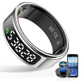 Smart screen ring, IP68, waterproof, intelligent movement tracking, sleep analysis, gesture control with charging case, (silver, 9)