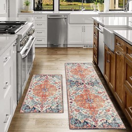 Boho Kitchen Rug Mat Country Rustic Kitchen Rugs Farmhouse Style Washable Non-Slip Kitchen Mats for Floor 2 Piece Boho Kitchen Decor (40x60/40x150cm) (Flowers red)