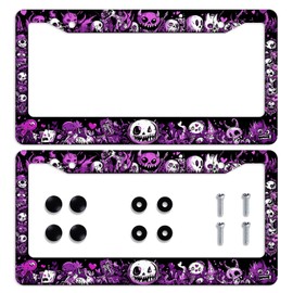 2PCS Cartoon Demon License Plate Frame Purple Horror Monster Doodle Kawaii Car Front License Plate Personalise Stainless Steel Metal Car Plates Funny License Plate Frames Decorative 12.3" x 6.3"