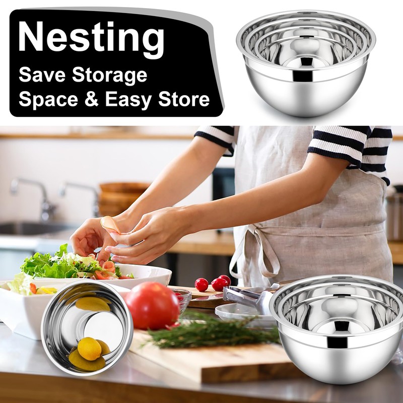 E-far Mixing Bowls with Lids, 6-Piece Stainless Steel Salad Bowls