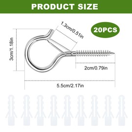 VMUTGA Pack of 20 Screw Hooks Stainless Steel Hooks for Screwing with Safety Hook Screws Ceiling Hooks for Hanging Potted Plants, Lamps, Hammocks, Ornaments, Silver