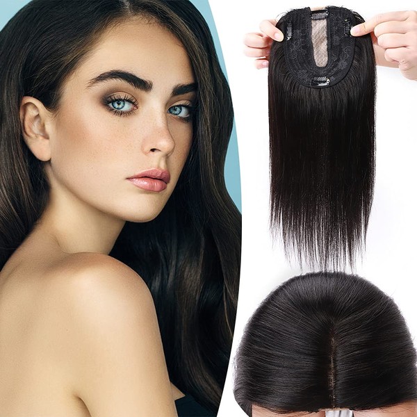 Elailite Hairpiece Real Hair Topper Clip-In Toupee Women Silk Base Clip-In Extensions Hair Extensions 130% Density Remy Silk Base Straight 30 cm 40 g #1B Natural Black