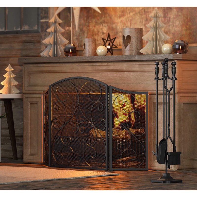 Fire Beauty Fireplace Screen 3 Panel Wrought Iron Metal 48"(L)