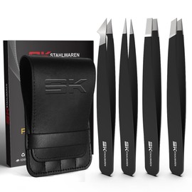 Tweezers Set of 4 - Professional Professional Precision Tweezers Made of Stainless Steel - Pointed Tweezers for Ingrown Hair, Beard, Eyelashes & Eyebrows - Includes Case