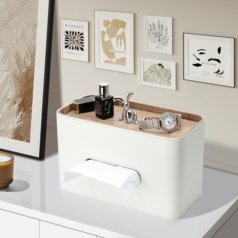 GORESE Cosmetic Tissue Box with Tray, Leather Tissue Box, Paper