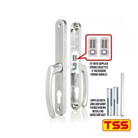 TSS UPVC Door Handles Set Suits Fullex Locks - Lever/Lever - 68mm PZ (Centres) - 215mm Screw to Screw - Backplate 245mm X 34mm - UPVC, Replacement PVC Handles (Silver)
