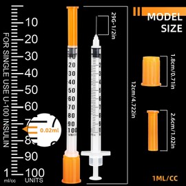 U-100 Syringes 29G 1ml/cc 1/2" (12.7mm), Disposable Syringe for Scientific Lab, Individually Wrapped, Pack of 20