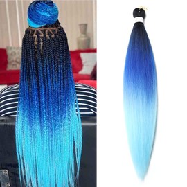 Pre Stretched Braiding Hair 26 Inch Ombre Blue Braiding Hair Extensions Hot Water Setting Crochet Box Braids Hair (26 Inch (Pack of 1), Black-Blue-Sky Blue)