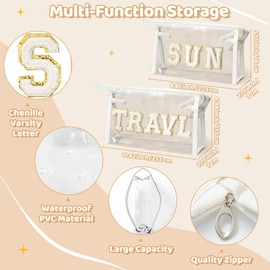 EZdhuawuse Preppy Patch Cosmetic Bag - 2Pcs Summer Small SUN Large TRAVEL Chenille Varsity Toiletry Bags Waterproof Portable Makeup Bag PVC Zipper Clutch Purse Travel Beach Bag for Women Girls(White)