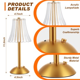 Liliful 2 Pcs LED Portable Cordless Table Lamp Touch Battery Operated Rechargeable Gold Desk Lamp 3 Color Dimmable for Bedroom Living Room Dining (Gold,Rose Style)