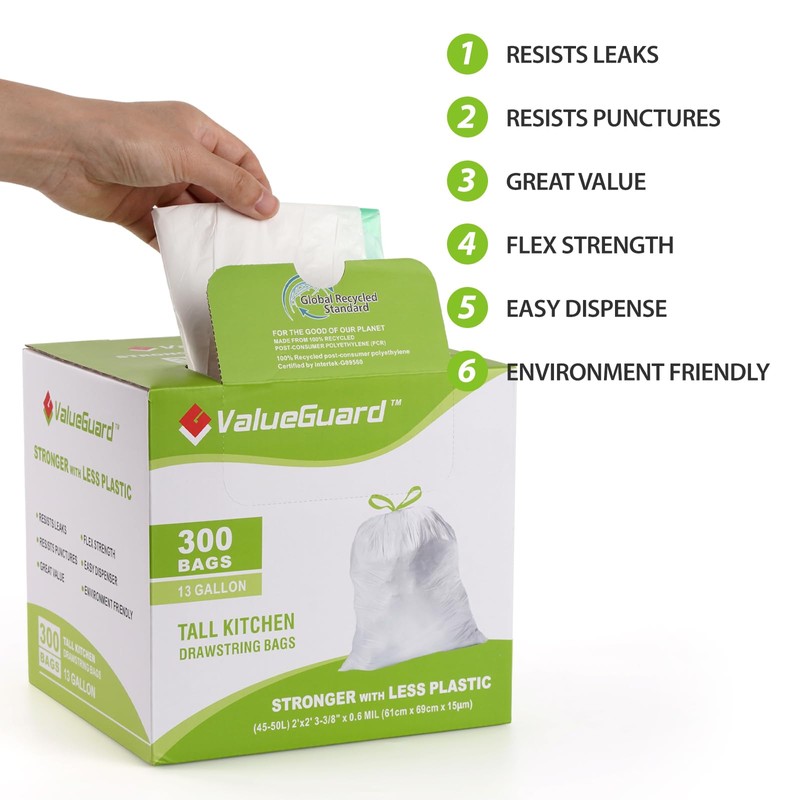 ValueGuard Large Trash Bags 13 Gallon Tall Drawstring 100% Post-Consumer