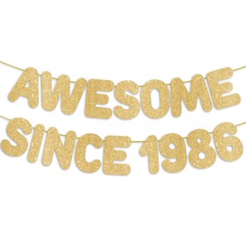 Pre-Strung Awesome Since 1986 Gold Glitter Banner, Happy 40th Birthday Decorations for Women, 40 Year Old Anniversary Party Decor for Men