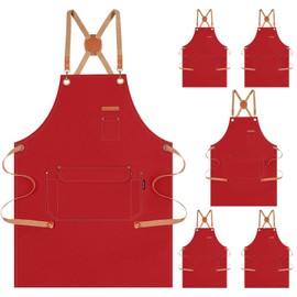 Genixart 6 Bulk Pack Chef Apron for Men Women with Pockets, Cross Back Apron for Kitchen Cooking Baking Artist Painting, Cotton Canvas Work Aprons for Restaurant, Cafe Shop, Garden (Red, M to XXL)