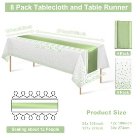 8Pack Plastic Tablecloths and Satin Table Runner Set Disposable White and Sage Green Dot Table Cloth Green Satin Table Runner for Wedding Birthday Baby Shower Anniversary Holiday Party Decorations
